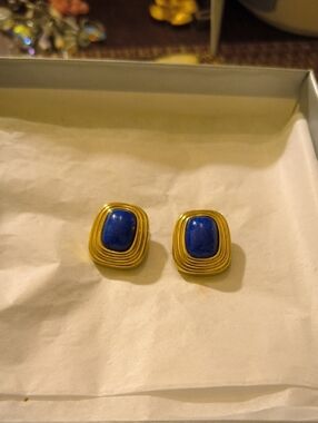 Gold Tone Earrings with Deep Blue Cabochons. Christian Dior Earrings